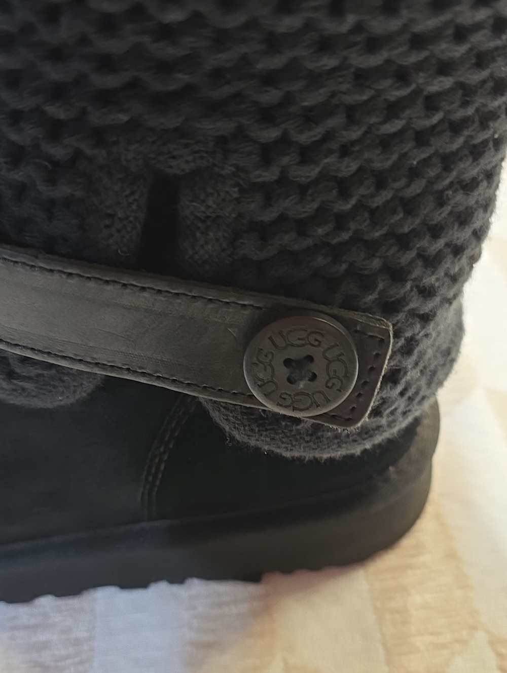 UGG Womens Black Knit Cuff Boot with Branded Button